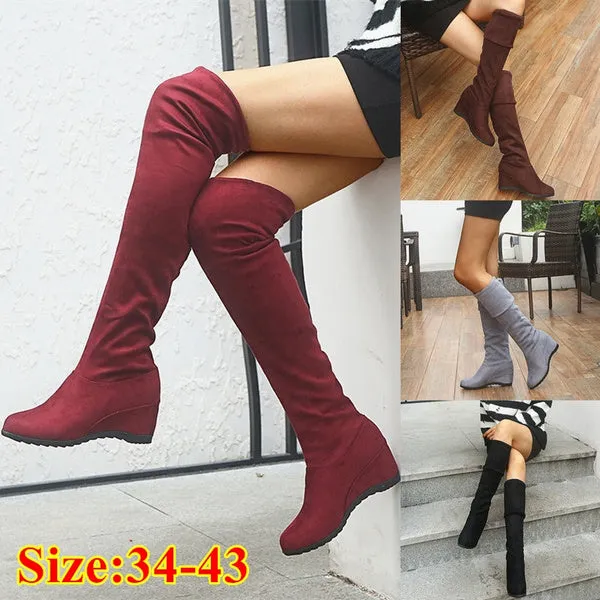 Winter Stretch Faux Suede Slim Thigh High Boots Sexy Over The Knee Boots High Heels