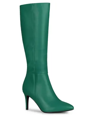 Women Pointed Toe Side Zipper Stiletto Heel Knee High Boots Dark Green 8