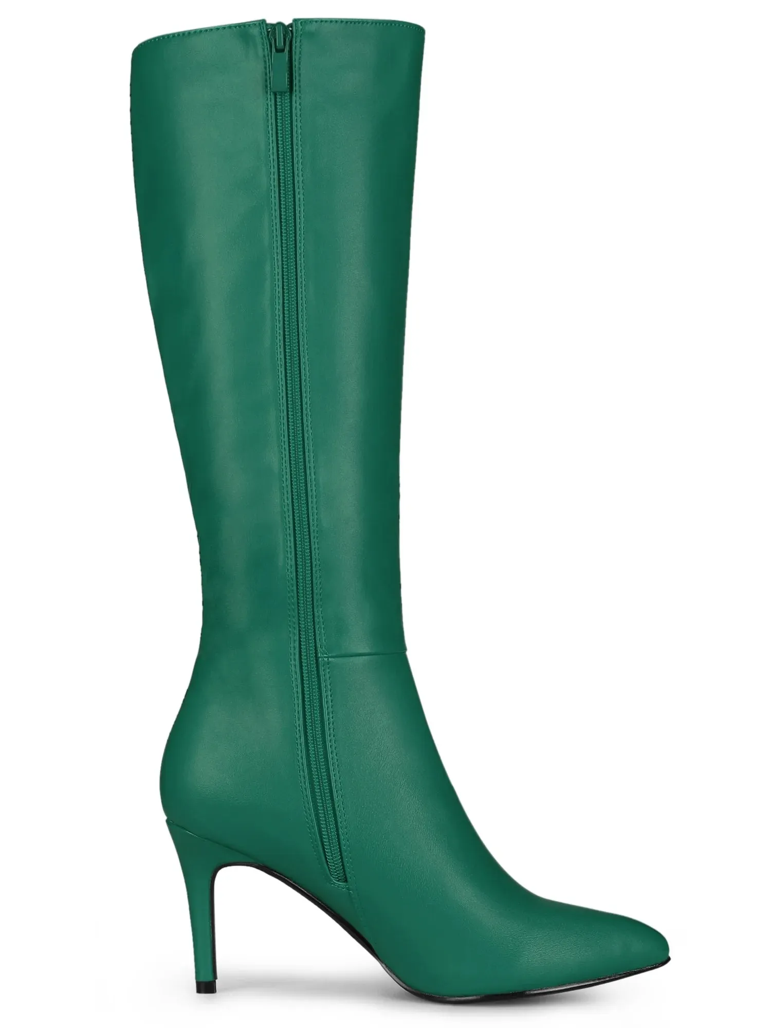 Women Pointed Toe Side Zipper Stiletto Heel Knee High Boots Dark Green 8